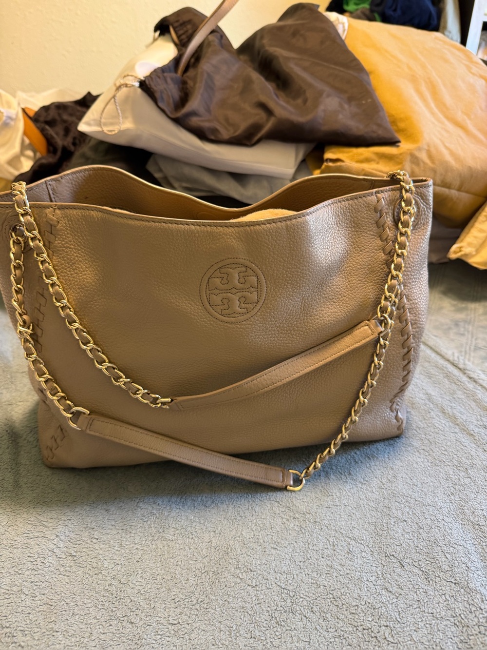 Tory Burch Taupe Leather Chain-Strap Shoulder Bag